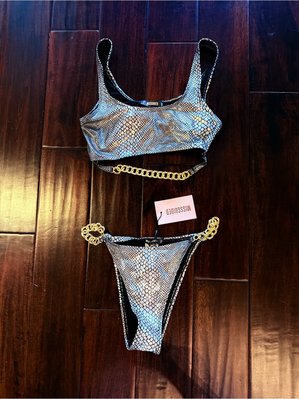 Missguided Women's Silver Snakeskin-Bikini with Gold Chain Accents
